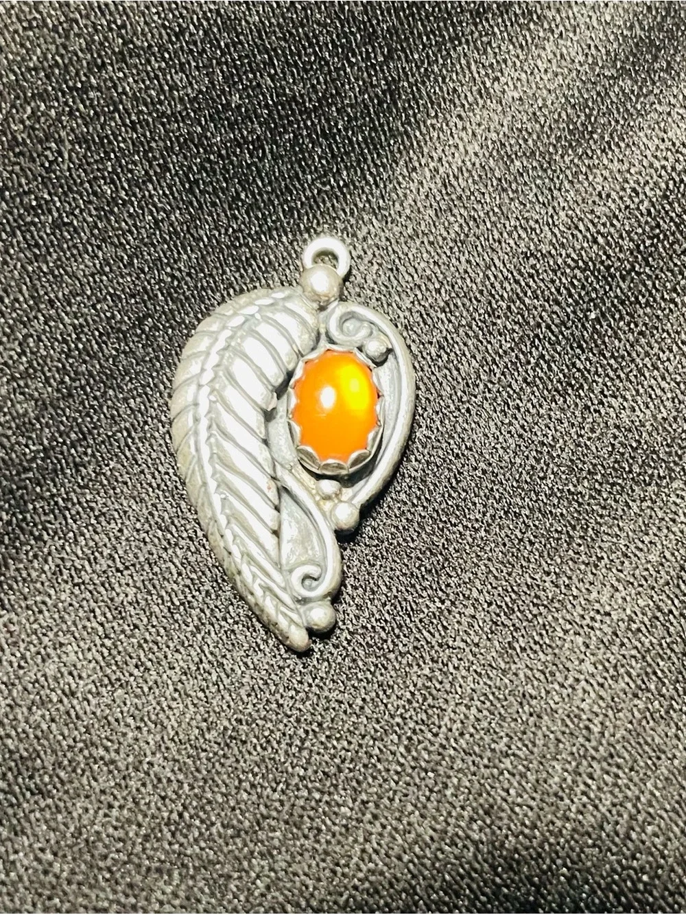 Sterling Silver Feather  Charm with Orange Stone